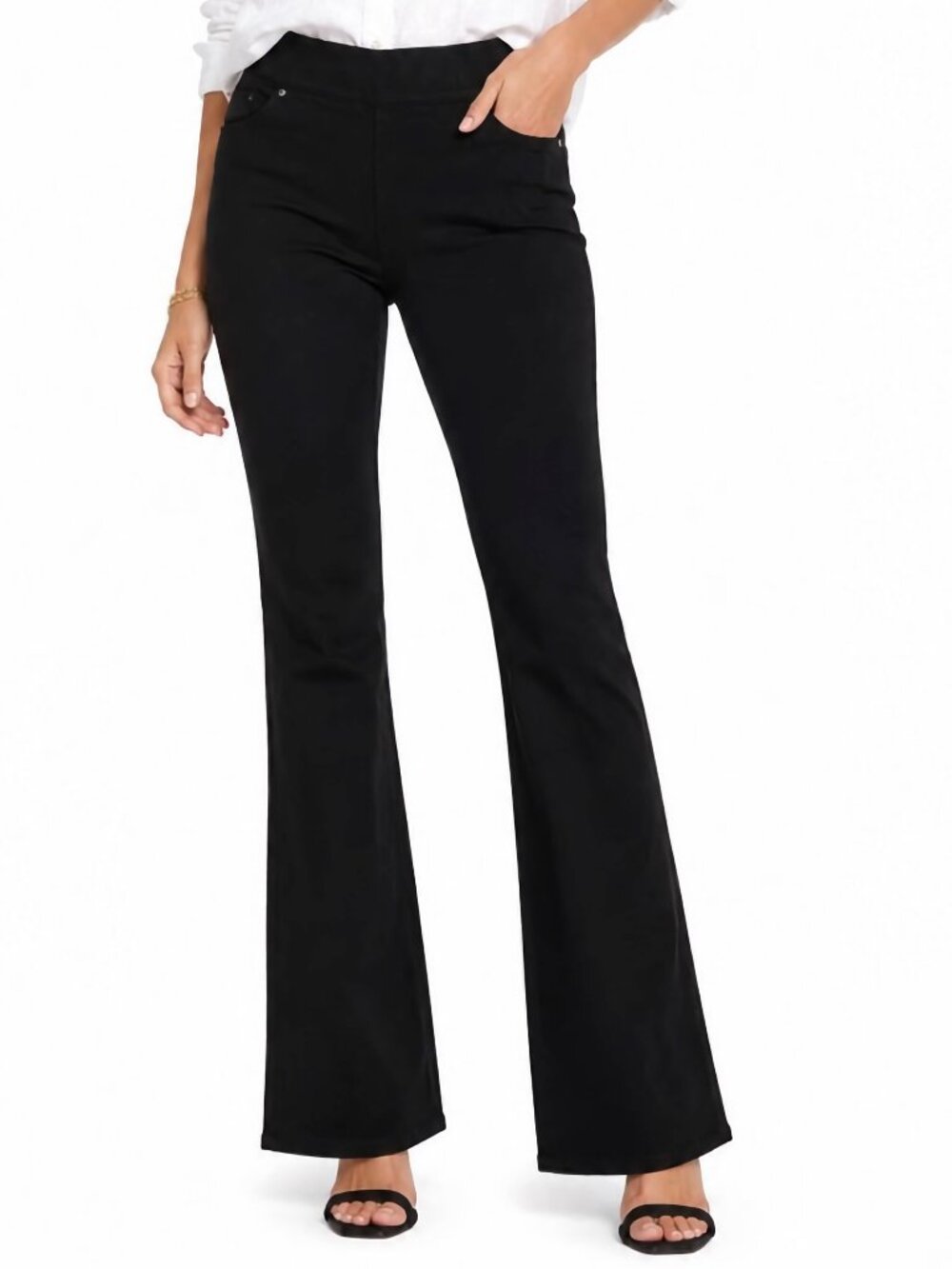 Susan Graver Pull On Flare Jeans 10 Tall Black Stretch Denim High Rise New
